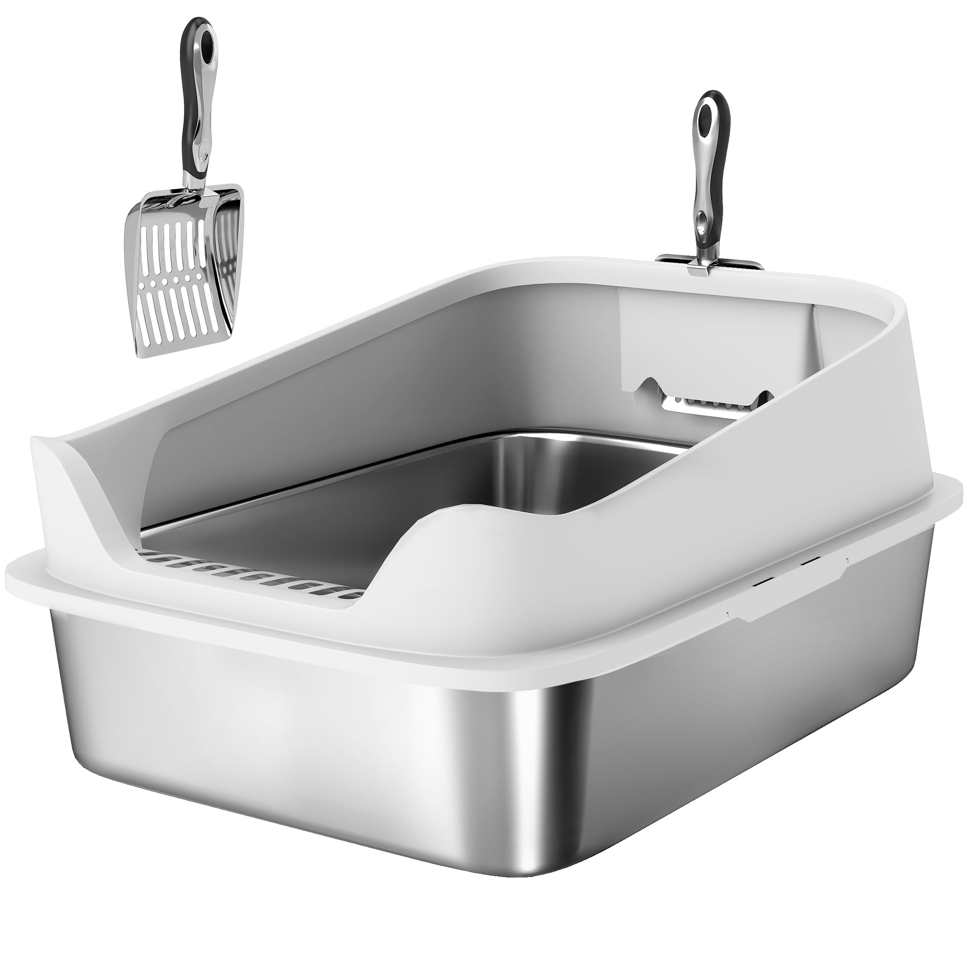 Silver stainless steel cat litter box with high sides and matching metal scoop for easy cleaning by PawHut