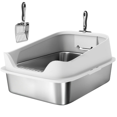 Silver stainless steel cat litter box with high sides and matching metal scoop for easy cleaning by PawHut