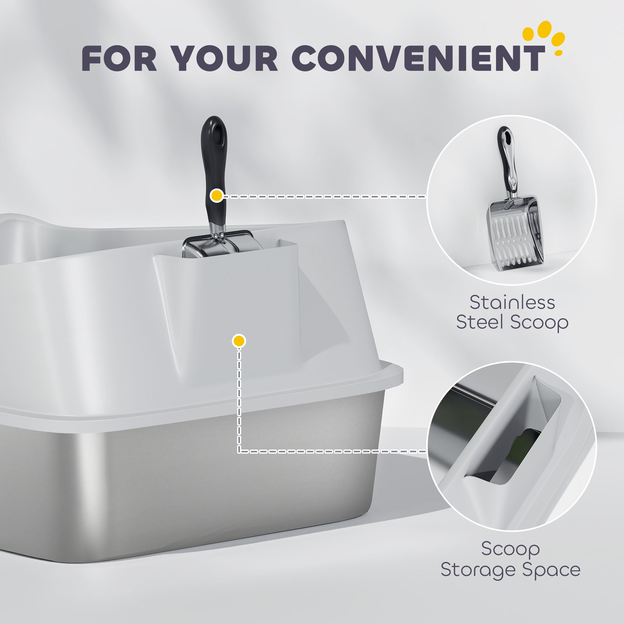 Gray plastic pawhut xl cat litter box with stainless steel scoop storage and high sides for easy cat litter cleanup