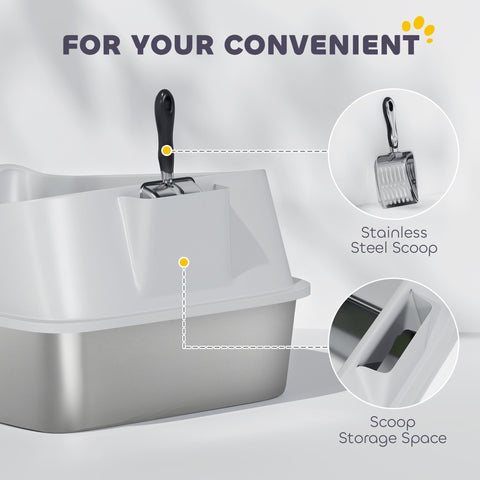 Gray plastic pawhut xl cat litter box with stainless steel scoop storage and high sides for easy cat litter cleanup