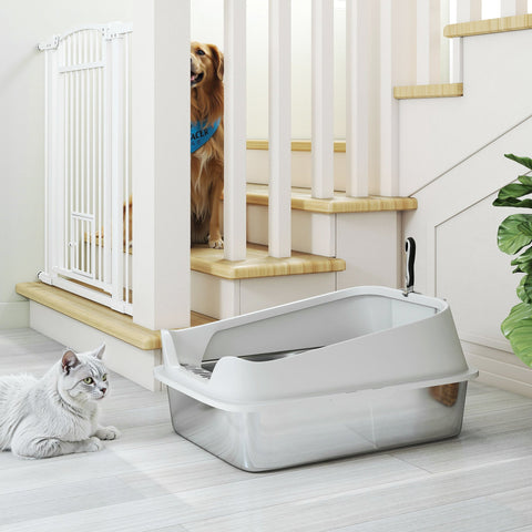 White plastic cat litter box with built-in scoop handle and sleek design for easy stainless steel litter use