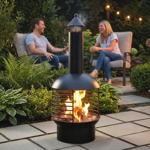 Outsunny Chimney Fire Pit, Portable Wood Burning Firepit with Poker, Charcoal Grid, Outdoor Fireplace for Garden Patio, Black