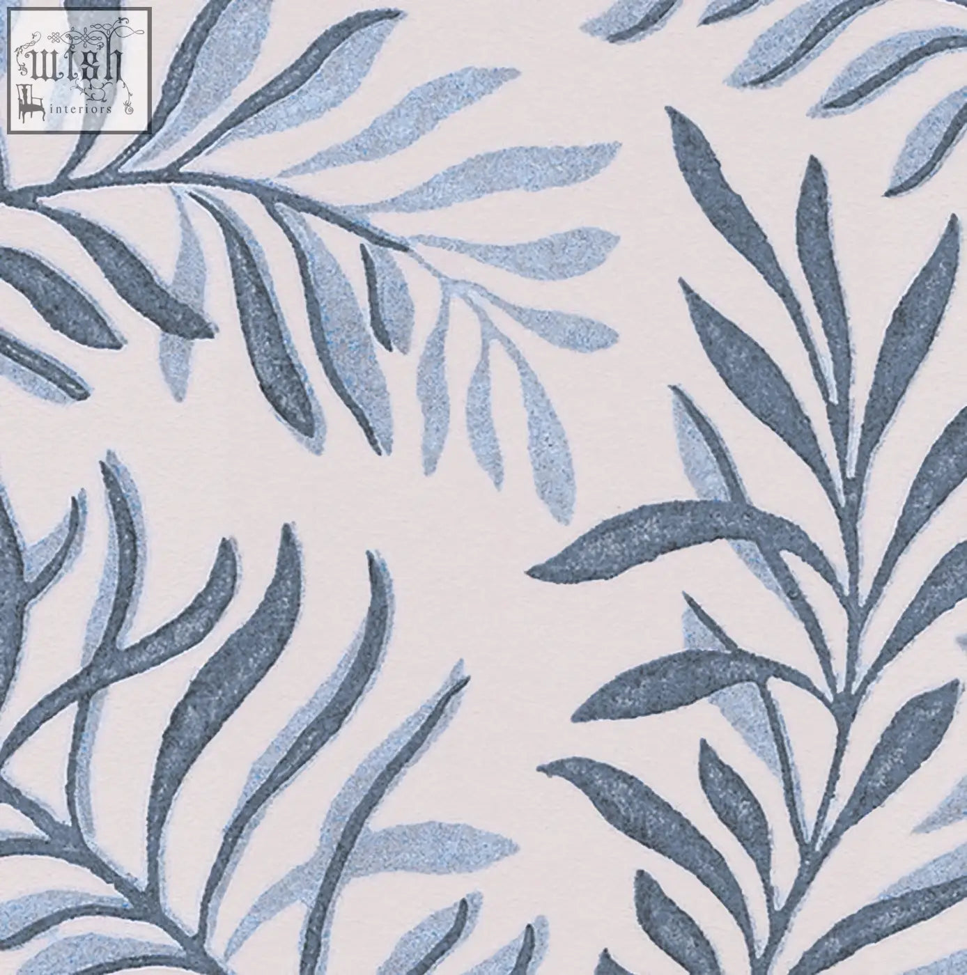 Beige peace wallpaper with blue dancing leaves in art nouveau style made from ethically sourced materials