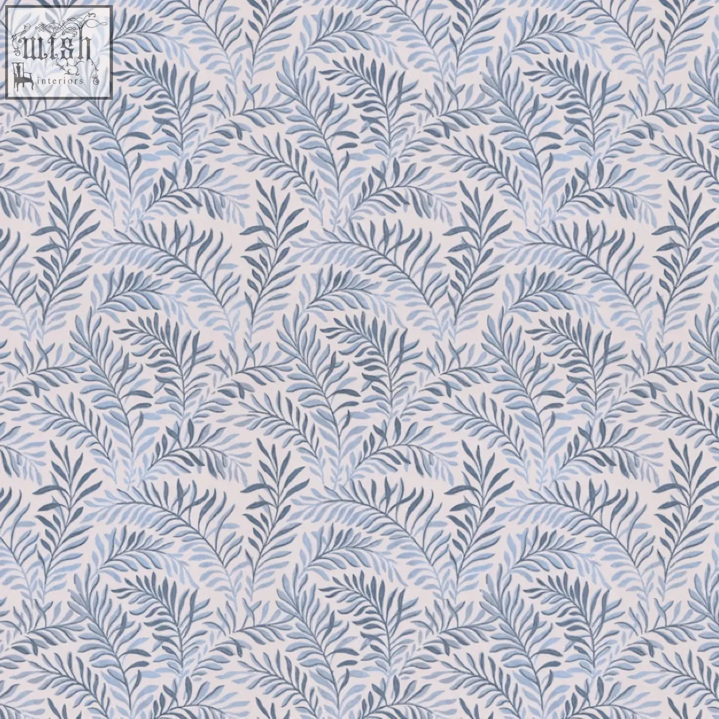 Peace wallpaper in blue hues with blue and gray art nouveau dancing leaves on off-white ethically sourced background