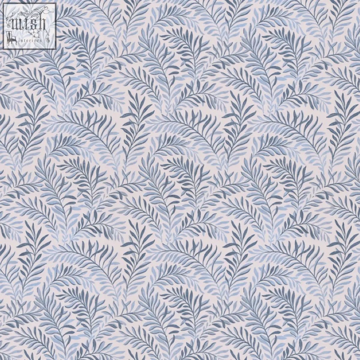 Peace wallpaper in blue hues with blue and gray art nouveau dancing leaves on off-white ethically sourced background