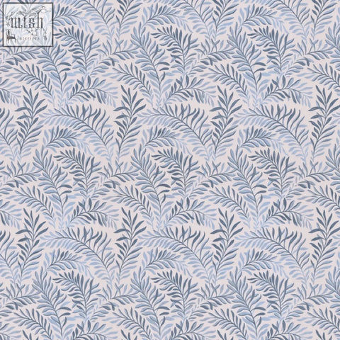 Peace wallpaper in blue hues with blue and gray art nouveau dancing leaves on off-white ethically sourced background