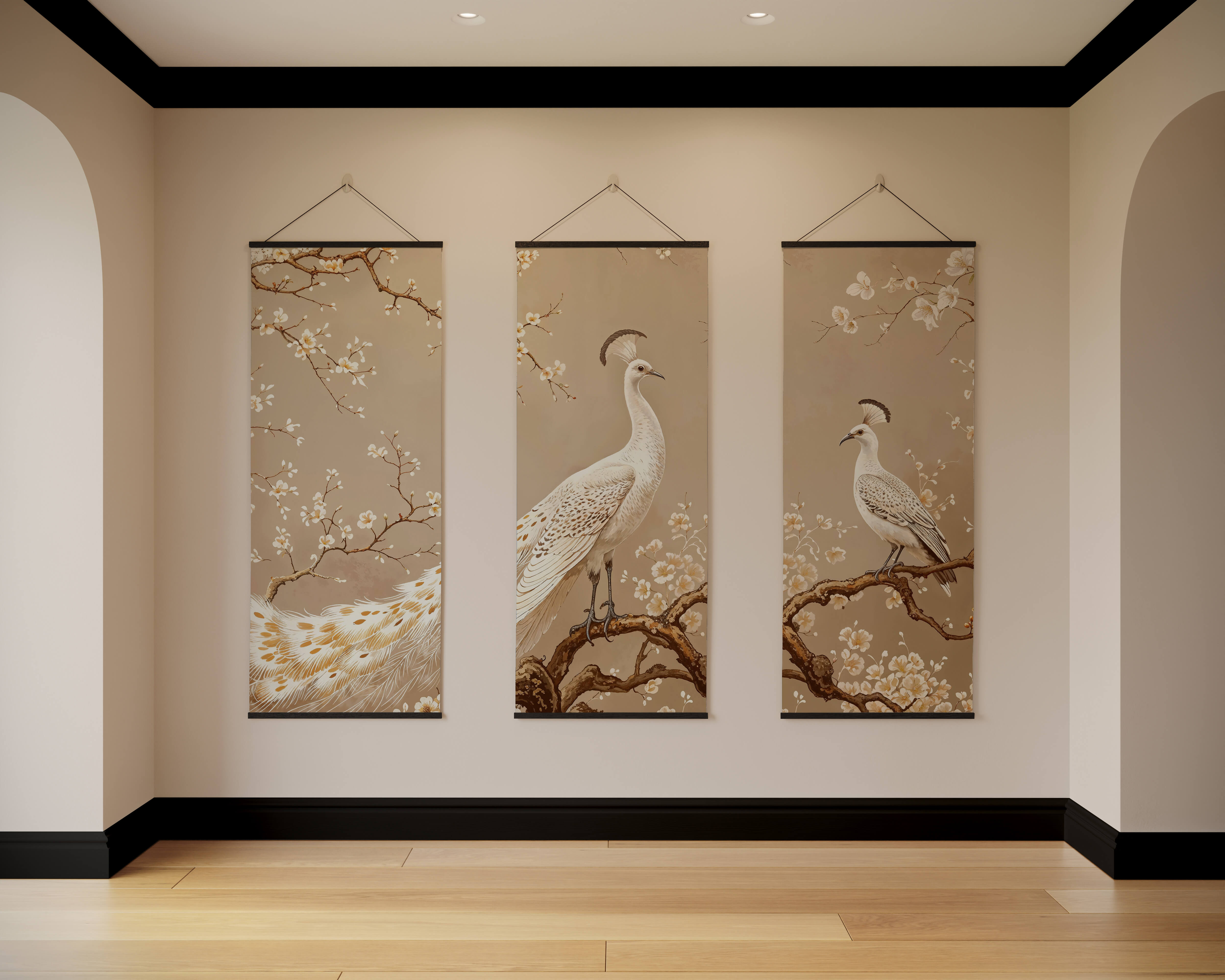 Three vertical scroll paintings of white peacocks on blossoming branches in a minimalist room peacock chinoiserie tapestry