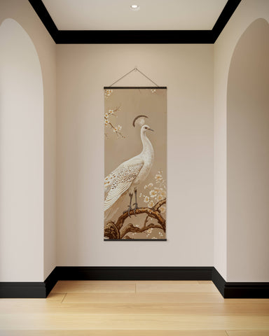 A delicate beige peacock chinoiserie tapestry with a white peacock on a blossom branch framed by black trim