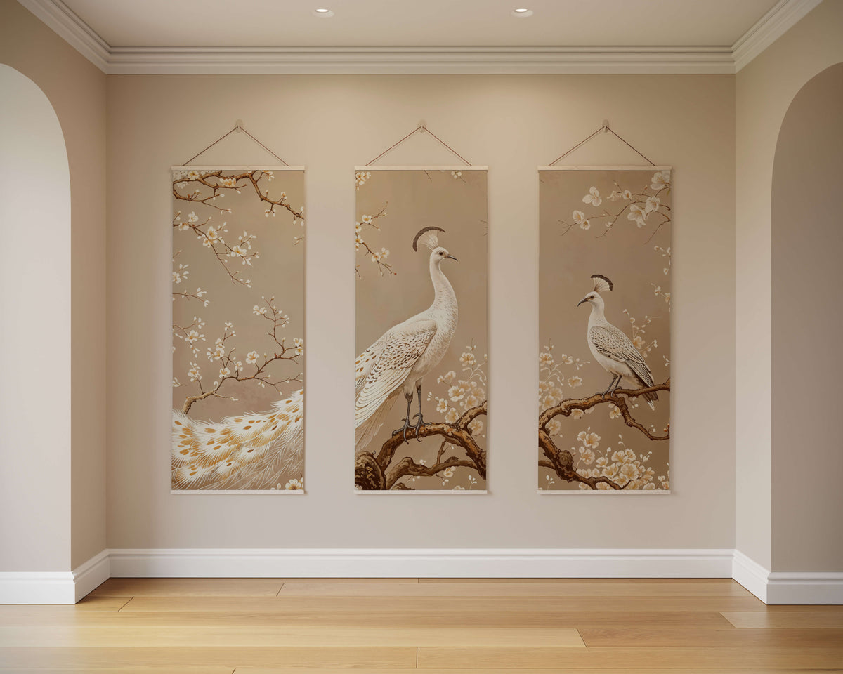 Three elegant peacock chinoiserie tapestries with white peacocks on soft beige background for wall decor