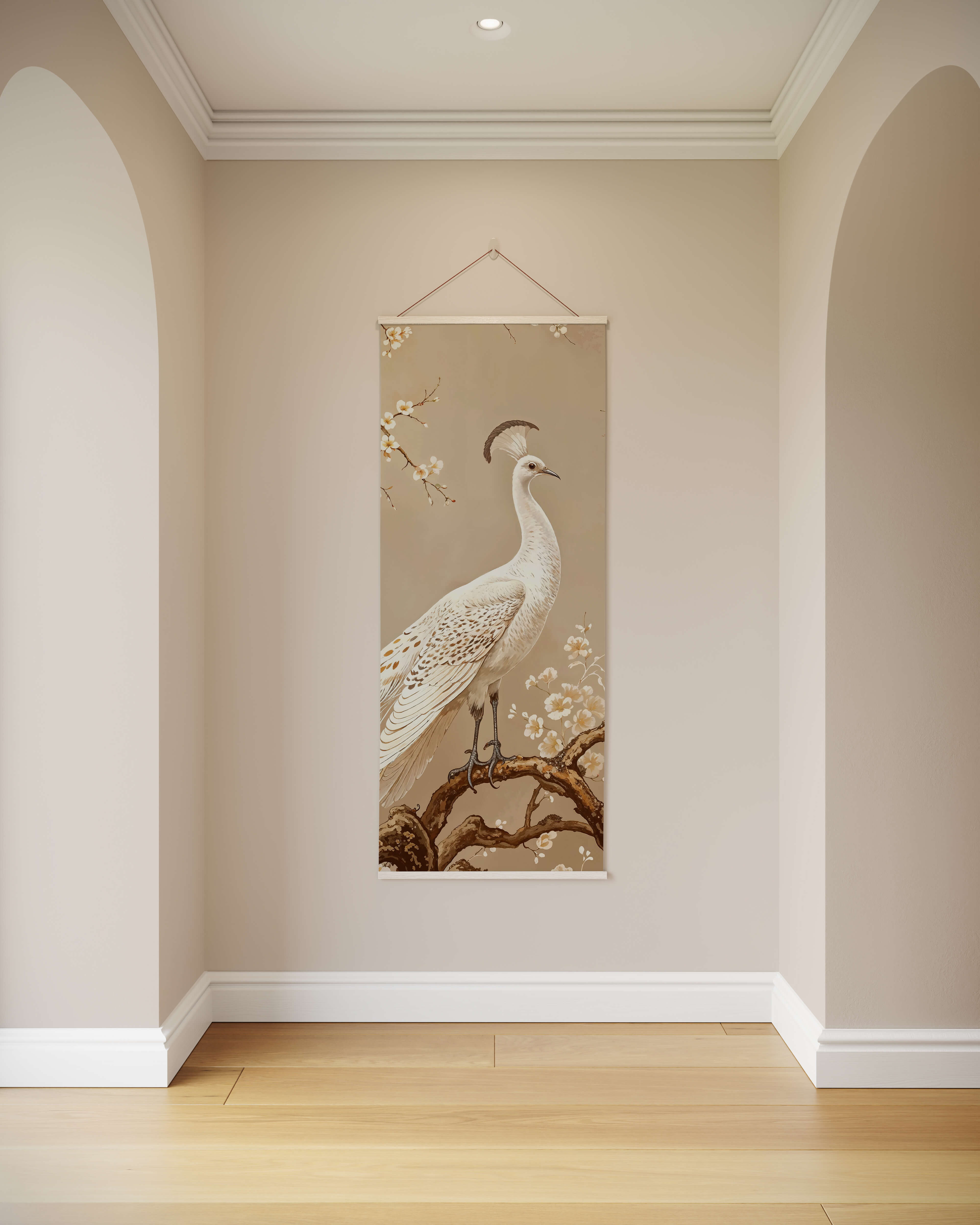 A delicate beige peacock chinoiserie tapestry featuring a white peacock on a branch with blossoms and floral details