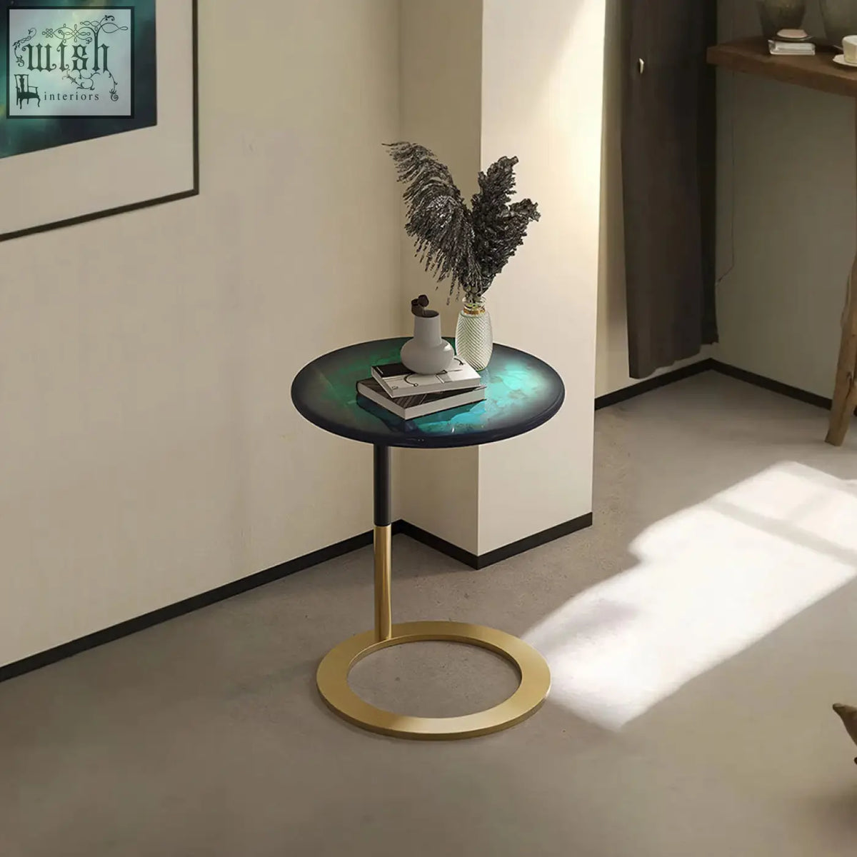 Pearce side table with glossy teal and black ceramic stone top and gold stainless steel base for stylish spaces