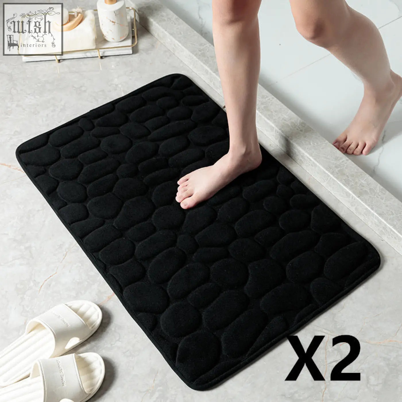 Black pebble textured floor mat with plush memory foam for bathroom and toilet with excellent water absorption