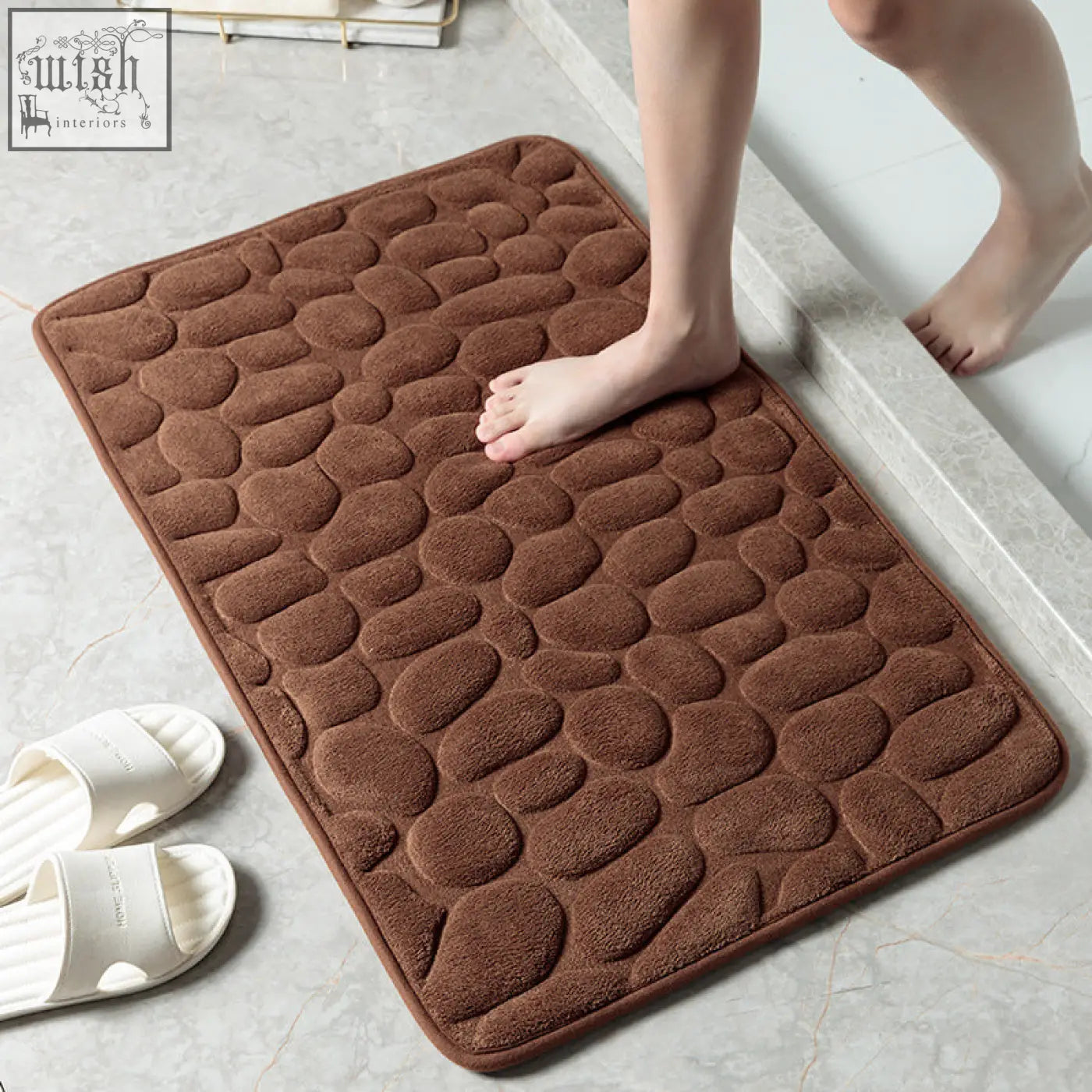 Brown textured pebble stone floor mat with soft plush memory foam for excellent water absorption in bathroom