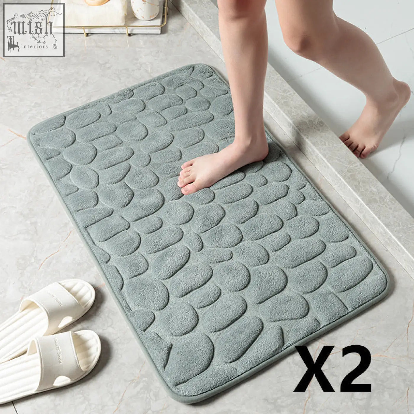 Gray pebble textured floor mat with soft plush memory foam material for bathroom water absorption use