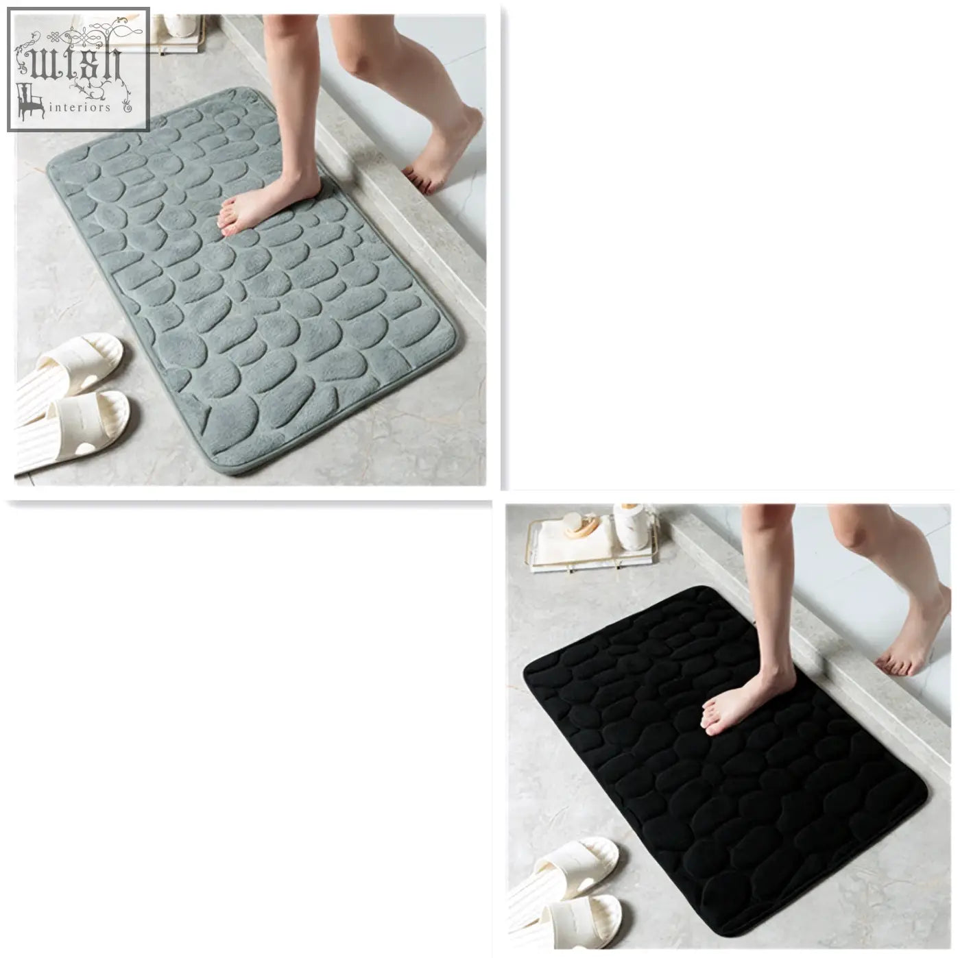 Gray and black pebble stone bathroom floor mat with memory foam for water absorption and toilet or door use