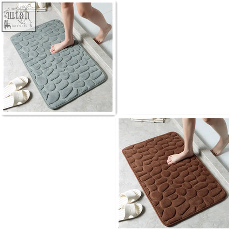 Gray and brown textured pebble stone bathroom floor mat with memory foam and water absorption for toilet and door use