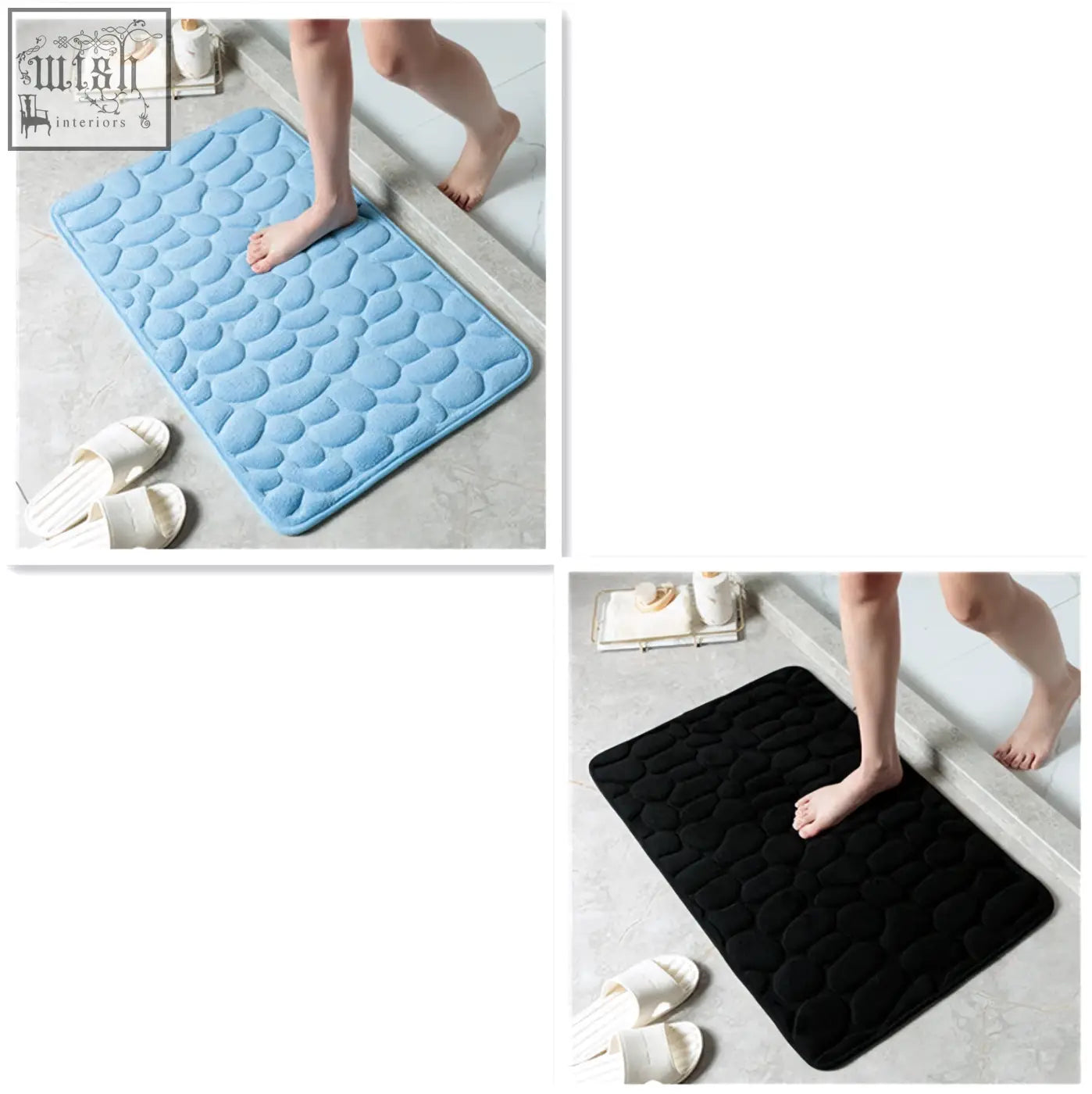 Blue and black pebble stone bathroom floor mat with quilted texture and memory foam for water absorption