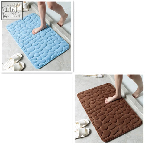 Blue and brown pebble stone floor mats with memory foam and water absorption for bathroom and toilet use
