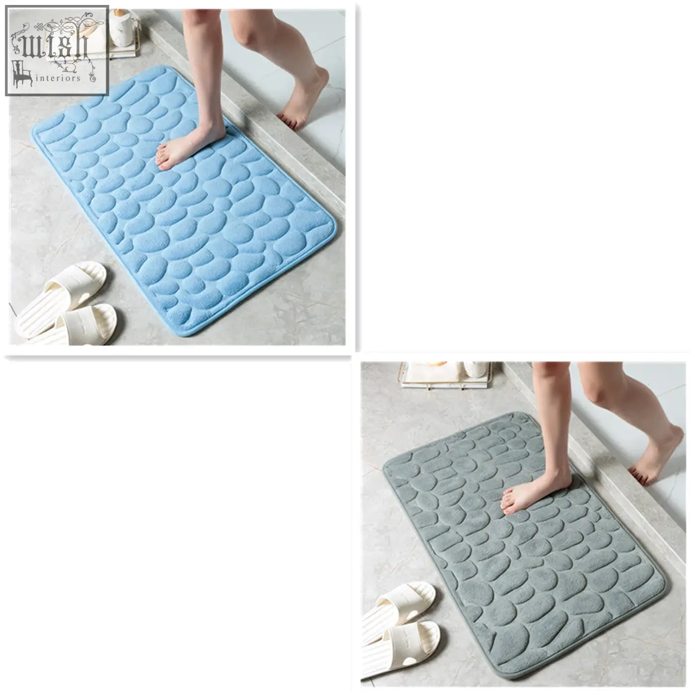 Blue and gray textured pebble stone bathroom floor mat with memory foam and water absorption for toilet and door use