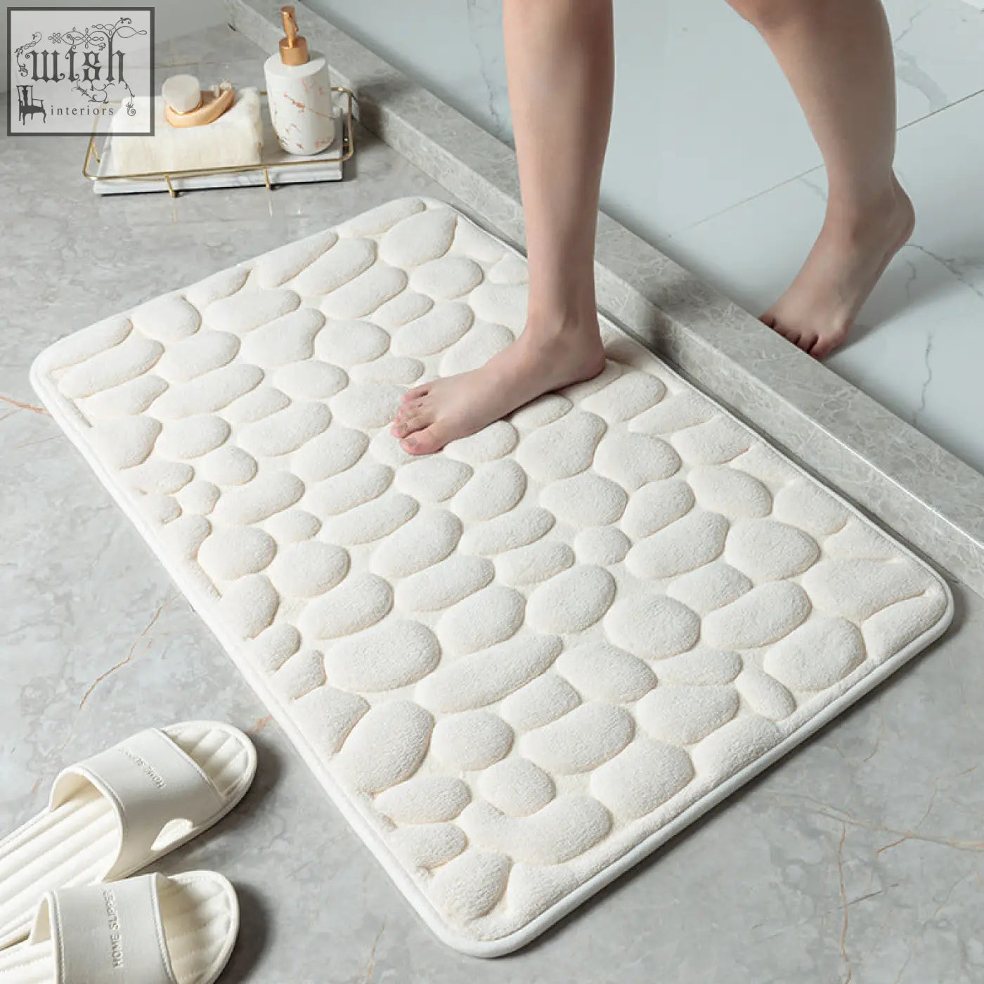White pebble stone bathroom floor mat with textured memory foam and water absorption for toilet or door use