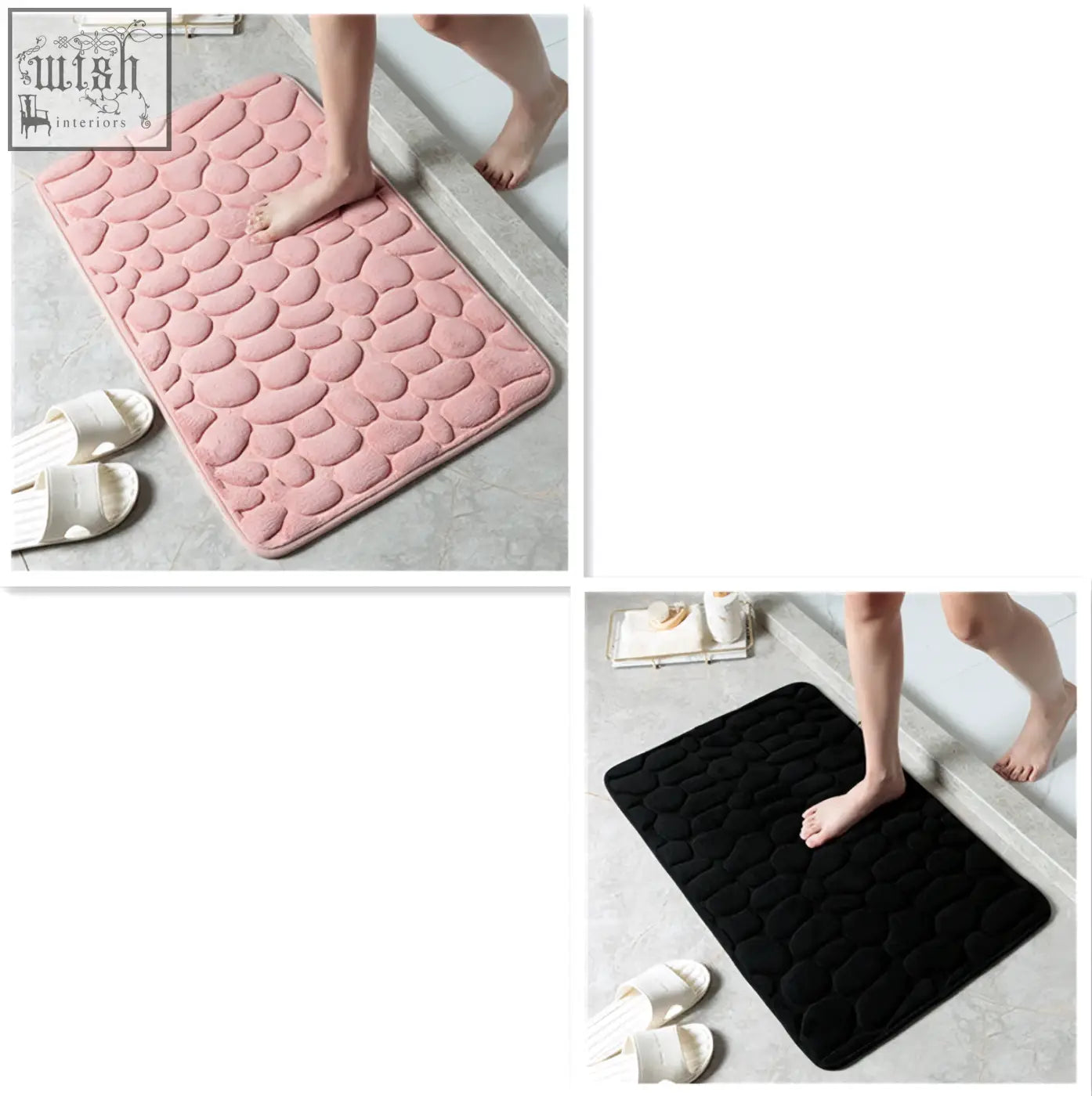 Pink and black pebble stone bathroom floor mat with memory foam and water absorption features for toilet and door use