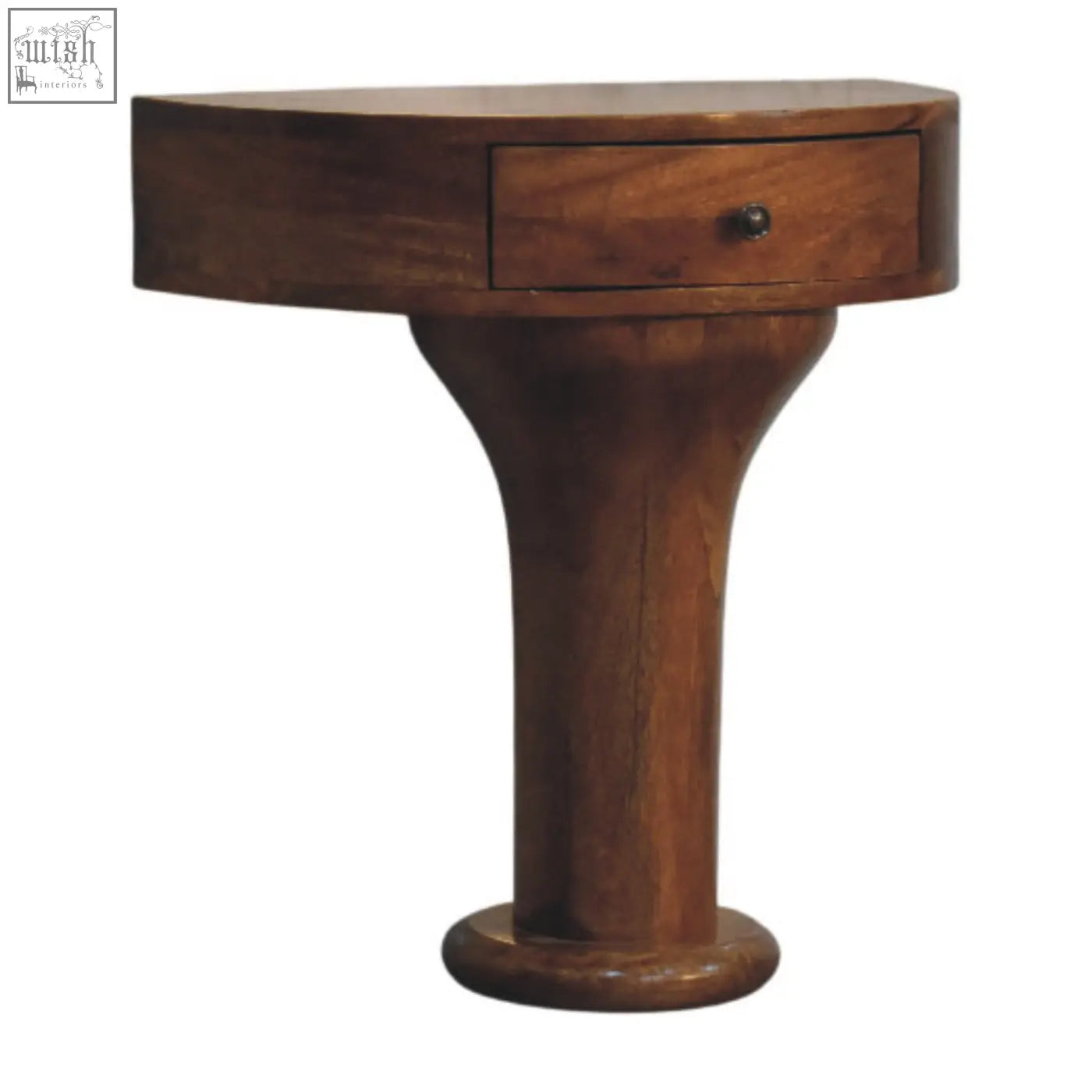 Dark brown wooden pedestal curved bedside console table with single drawer and black knob for bedroom use