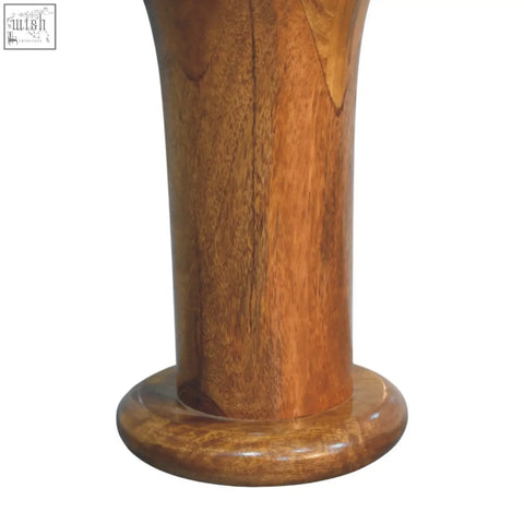 A polished warm-toned wooden curved bedside pedestal with a smooth cylindrical body and rounded base
