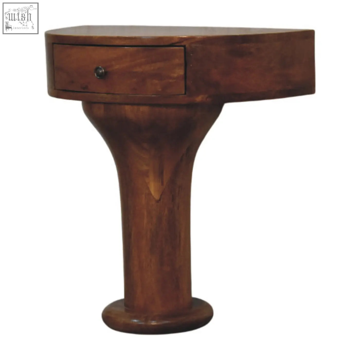 Rich brown wooden pedestal curved bedside with single drawer and dark metal knob console table design