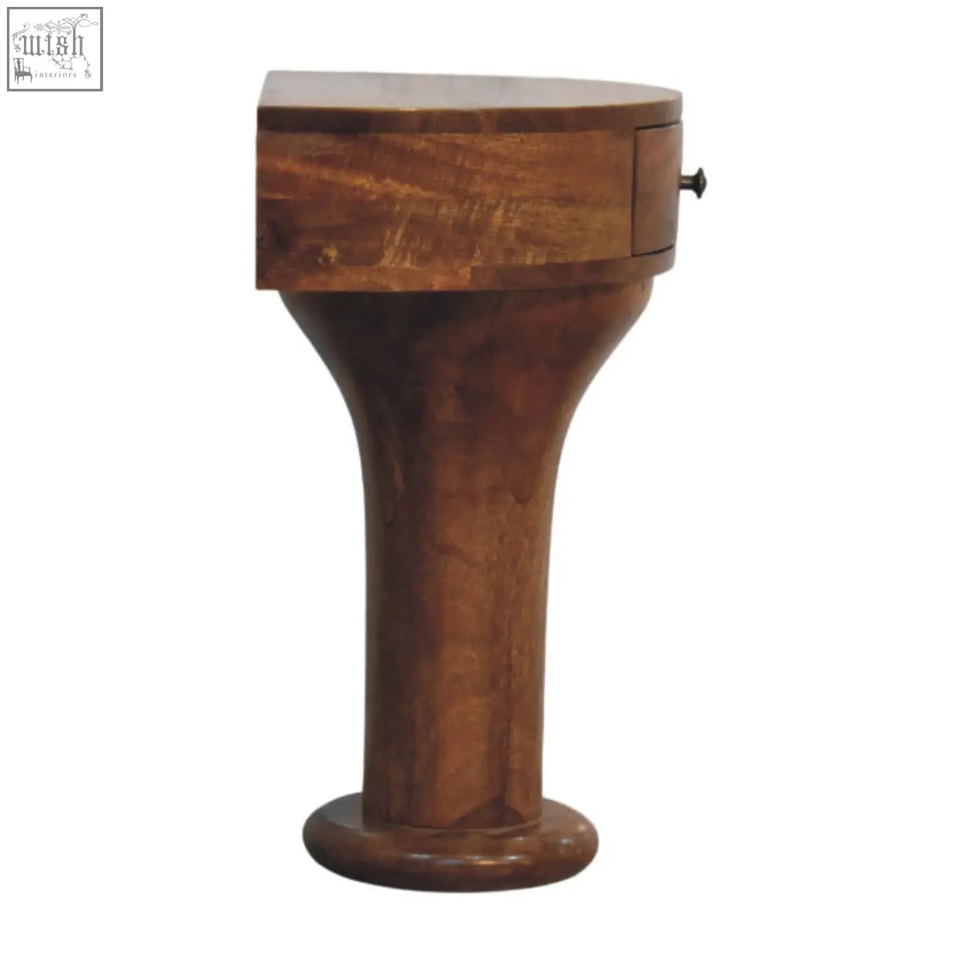 A rich dark brown wooden pedestal curved bedside table with single drawer and black metal pull handle