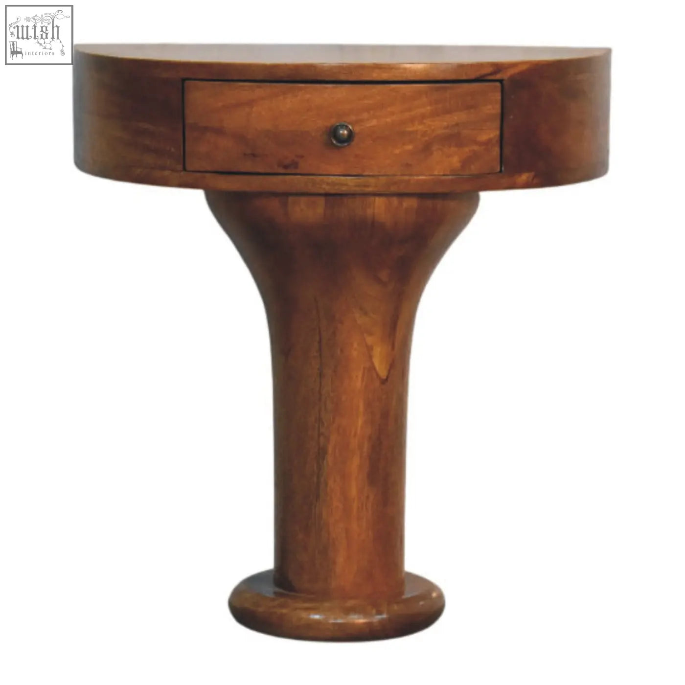 Rich warm-toned wooden pedestal curved bedside with single drawer and sleek base for bedroom use