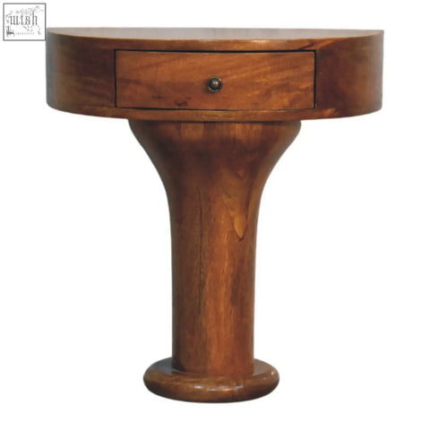 Rich warm-toned wooden pedestal curved bedside with single drawer and sleek base for bedroom use