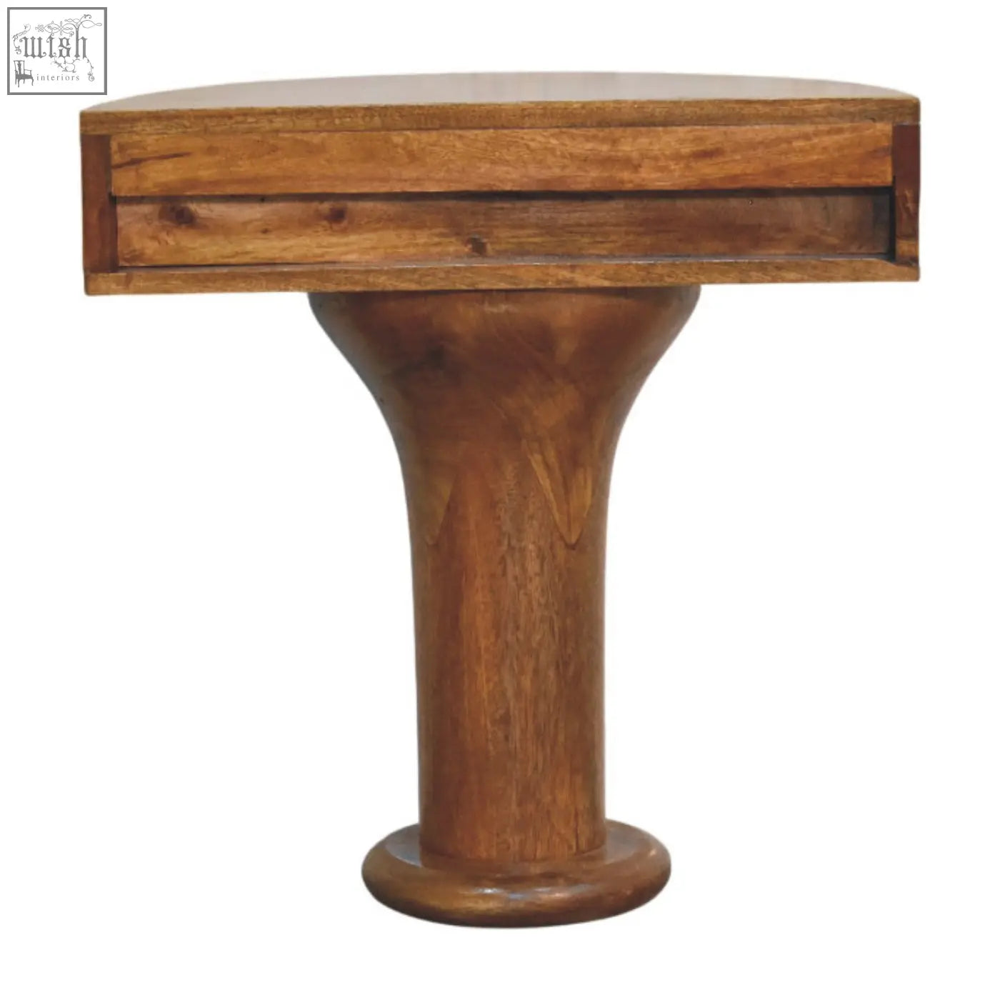 Rustic wooden pedestal curved bedside table with warm-toned finish and single drawer on top surface