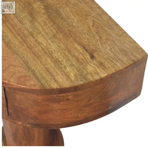 Pedestal curved bedside with a rustic wooden table design featuring warm natural finish and visible grain patterns