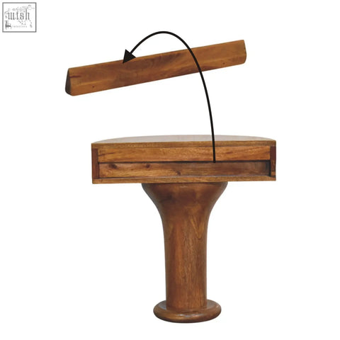 A warm-toned wooden pedestal curved bedside table with a single drawer and a rounded base for bedroom use