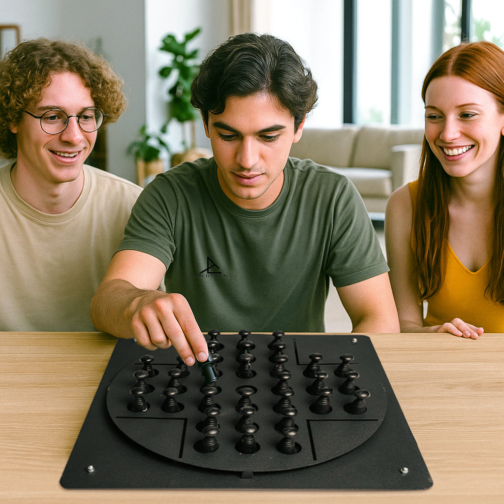 Black circular peg solitaire wall game with raised textured pieces arranged in a grid for solo test fun and age range play