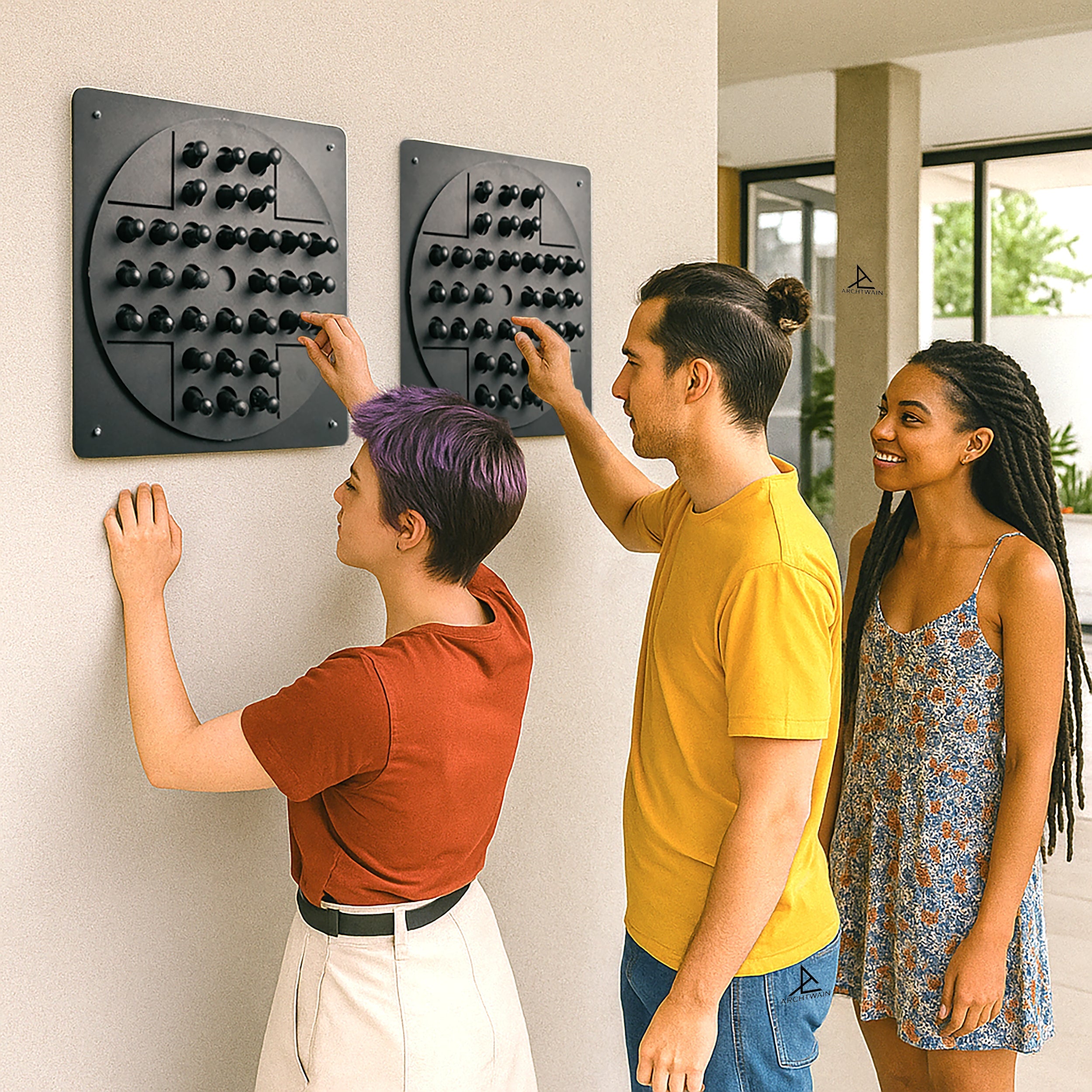 Black circular wall-mounted peg solitaire game with raised knobs arranged in a tactile grid for solo test use and hanging instructions