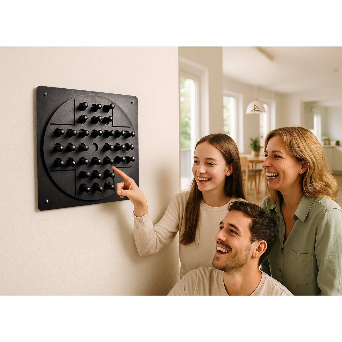 Black circular sensory wall panel with textured pegs for peg solitaire solo test suitable for various age ranges