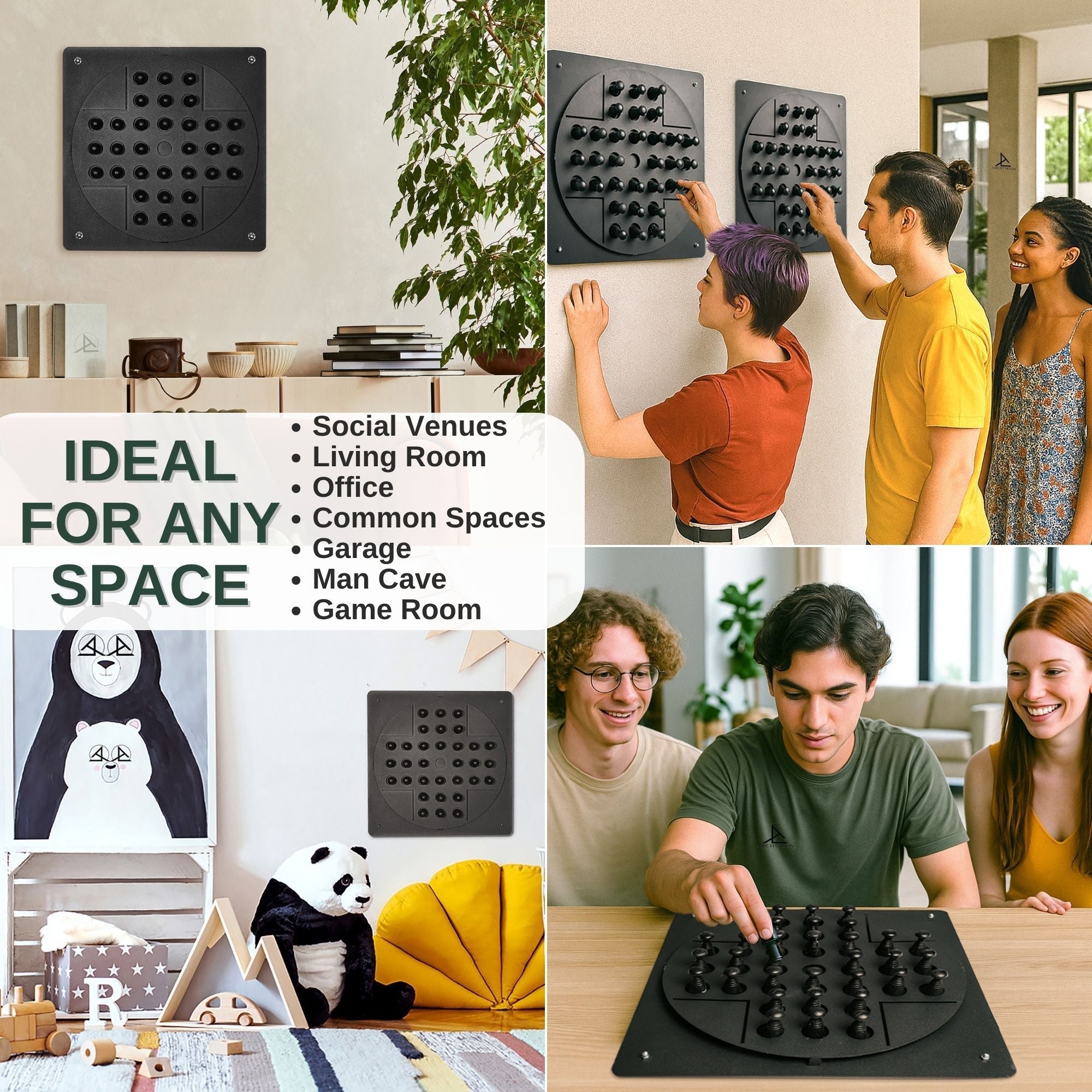 Black wall game peg solitaire with circular design and black pegs perfect for solo test with hanging instructions