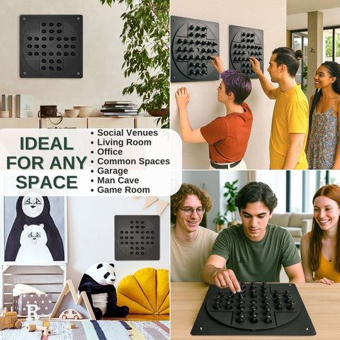 Black wall game peg solitaire with circular design and black pegs perfect for solo test with hanging instructions