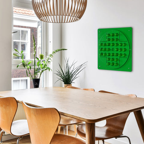 Bright green peg solitaire wall art with circular glossy translucent spheres in vibrant hues and color options