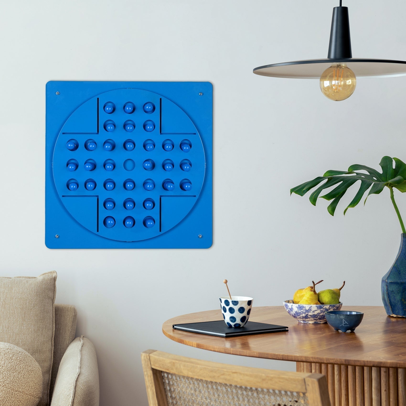 Bright blue peg solitaire navy blue sensory panel with raised bumps for solo test and hanging instructions