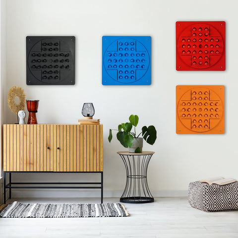 Peg solitaire navy blue solo test with four colorful hanging sensory panels in black blue red and orange for age range use