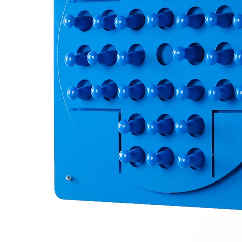 Blue plastic peg solitaire board with rounded pegs in a grid pattern perfect for solo test and hanging instructions