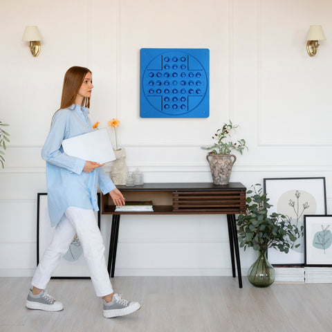Blue square peg solitaire wall art with raised dot grid perfect for solo test and easy hanging instructions