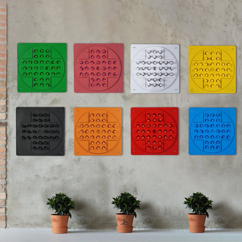 Colorful wall-mounted pop-it stress relief boards in green red white yellow black orange and blue with solo test and hanging instructions
