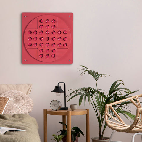 Vibrant red wall-mounted peg solitaire pink sensory play panel with raised pink dots ideal for solo test and hanging instructions