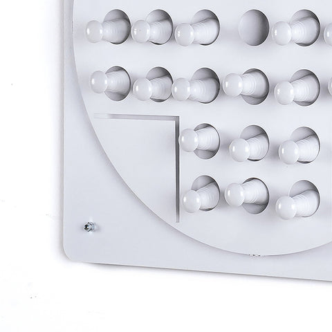 White plastic wall-mounted coat rack with rounded pegs suitable for organizing jackets during solo test or peg solitaire age range activities