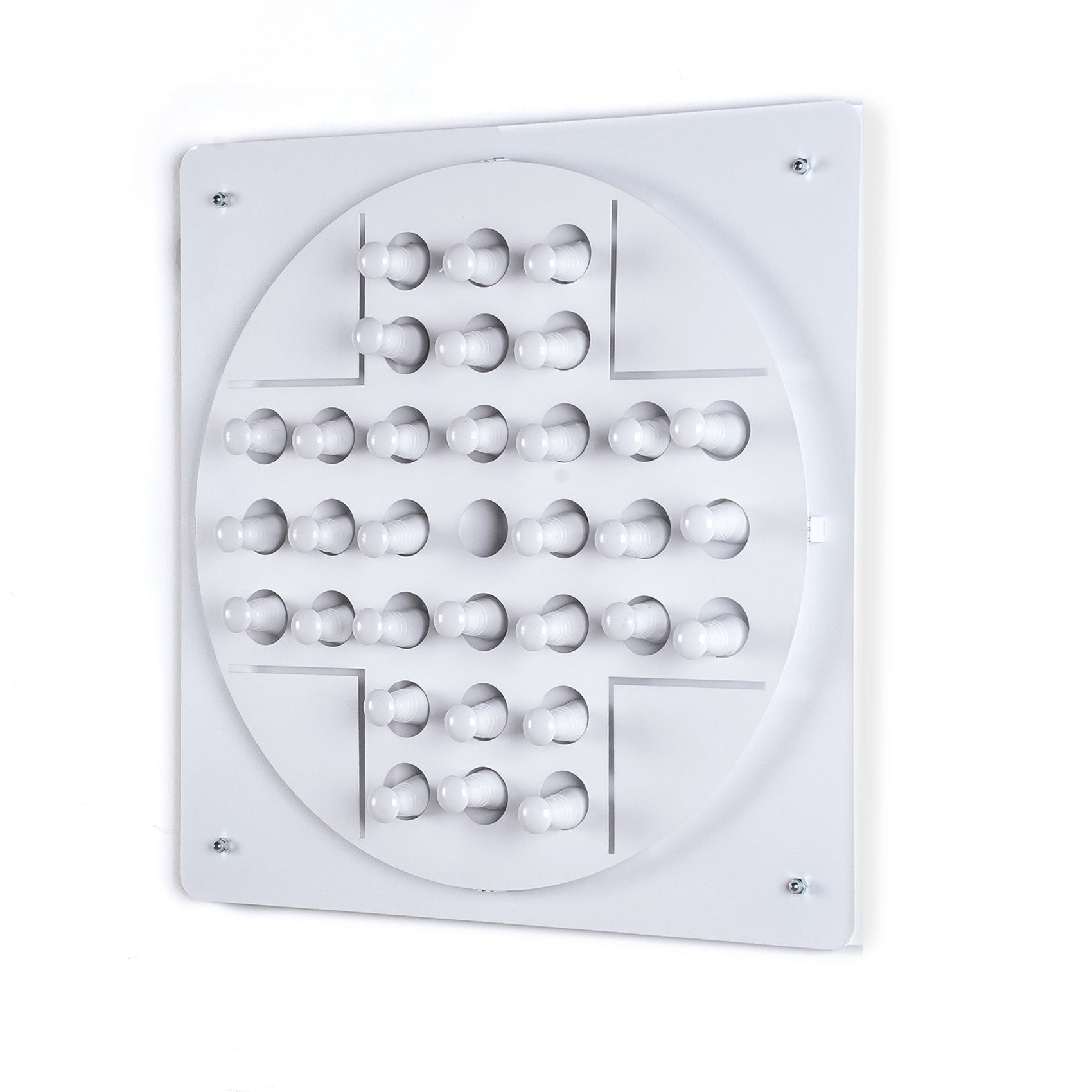 White square peg solitaire board with circular cutout and rounded white pegs for solo test and all age range