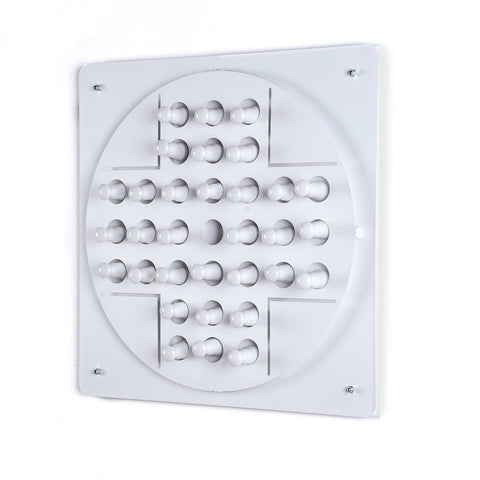 White square peg solitaire board with circular cutout and rounded white pegs for solo test and all age range