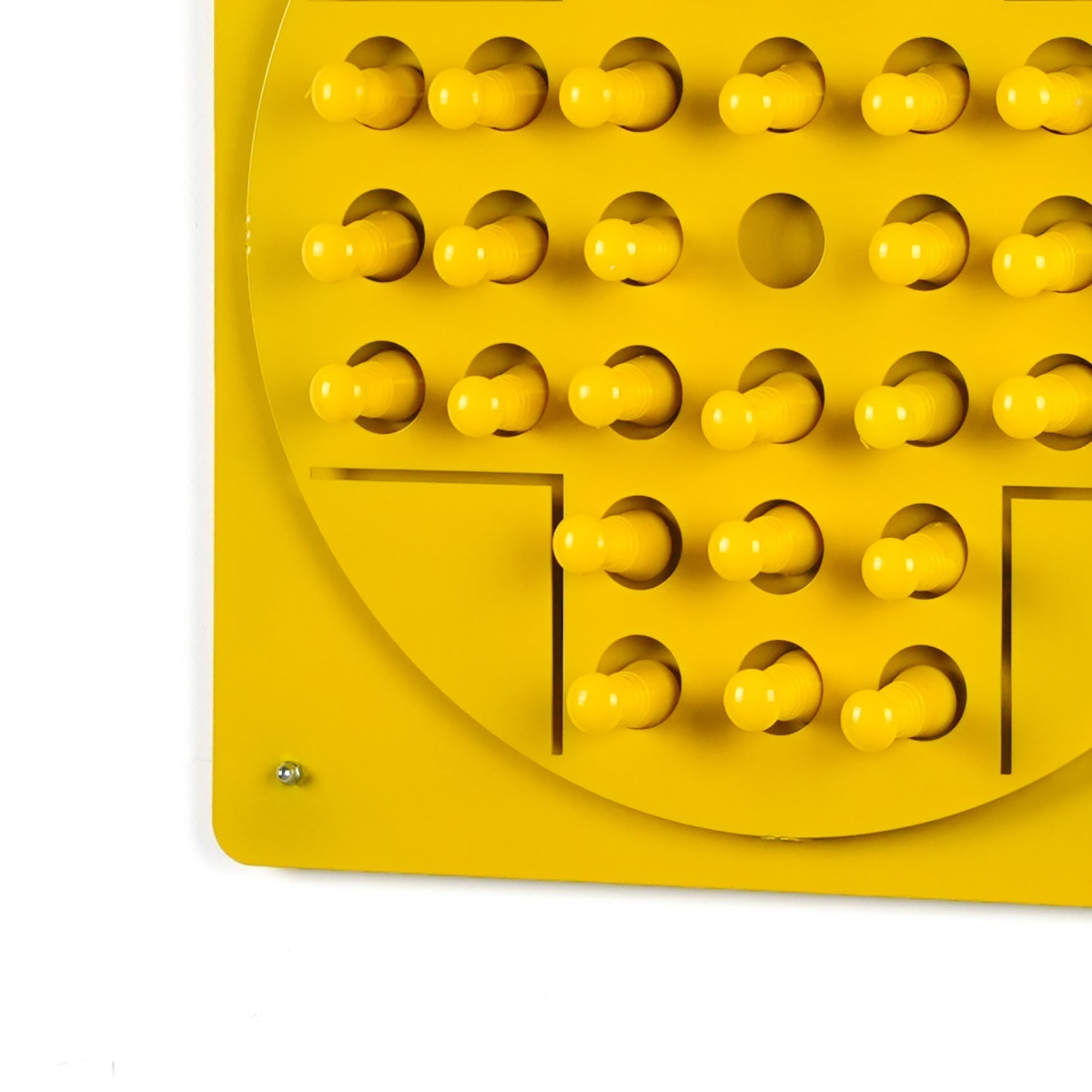 Bright yellow plastic pegboard for peg solitaire features rounded knobs ideal for solo test and easy hanging instructions